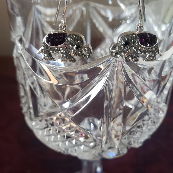 Silver-Plate Elephant Earrings with Purple Crystal Accents - Picture 2 of 2